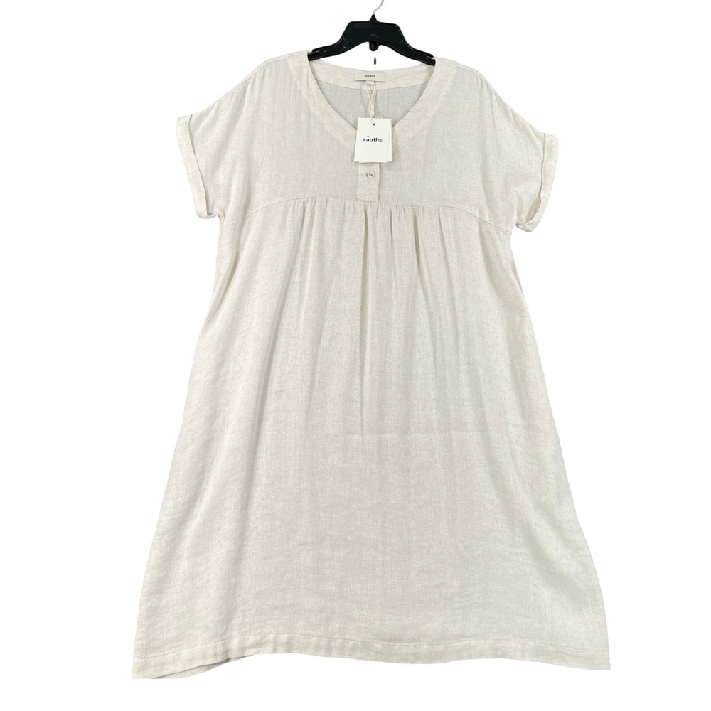 Sauths Linen Blend Dress Women L Cream Short Sleeve Henley Empire Waist Casual